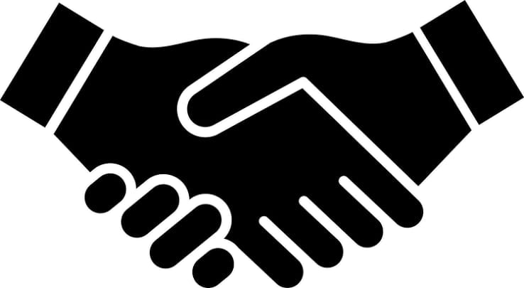 Black and white icon of two hands shaking in a firm grip, symbolizing agreement, partnership, or business deal